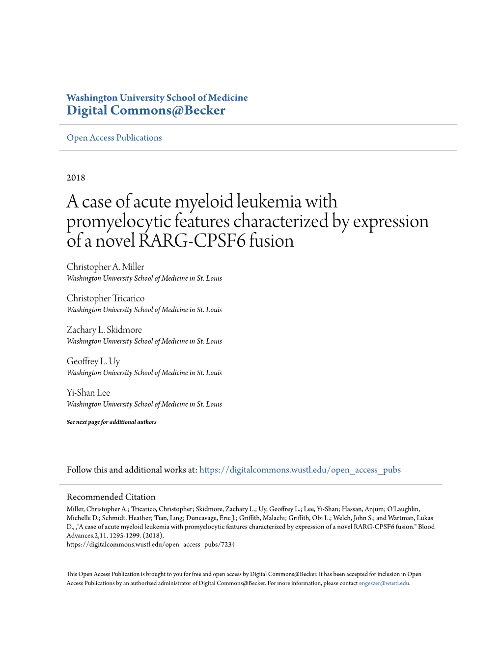 A Case of Acute Myeloid Leukemia with Promyelocytic Features Characterized by Expression of a Novel RARG-CPSF6 Fusion Christopher A