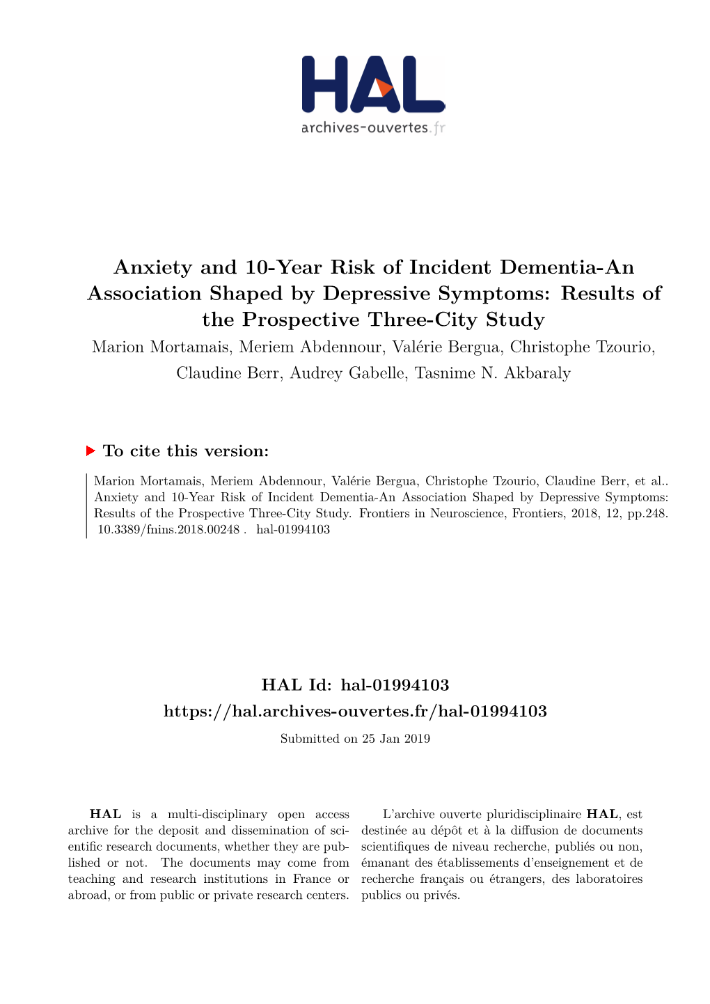 Anxiety and 10-Year Risk of Incident Dementia-An