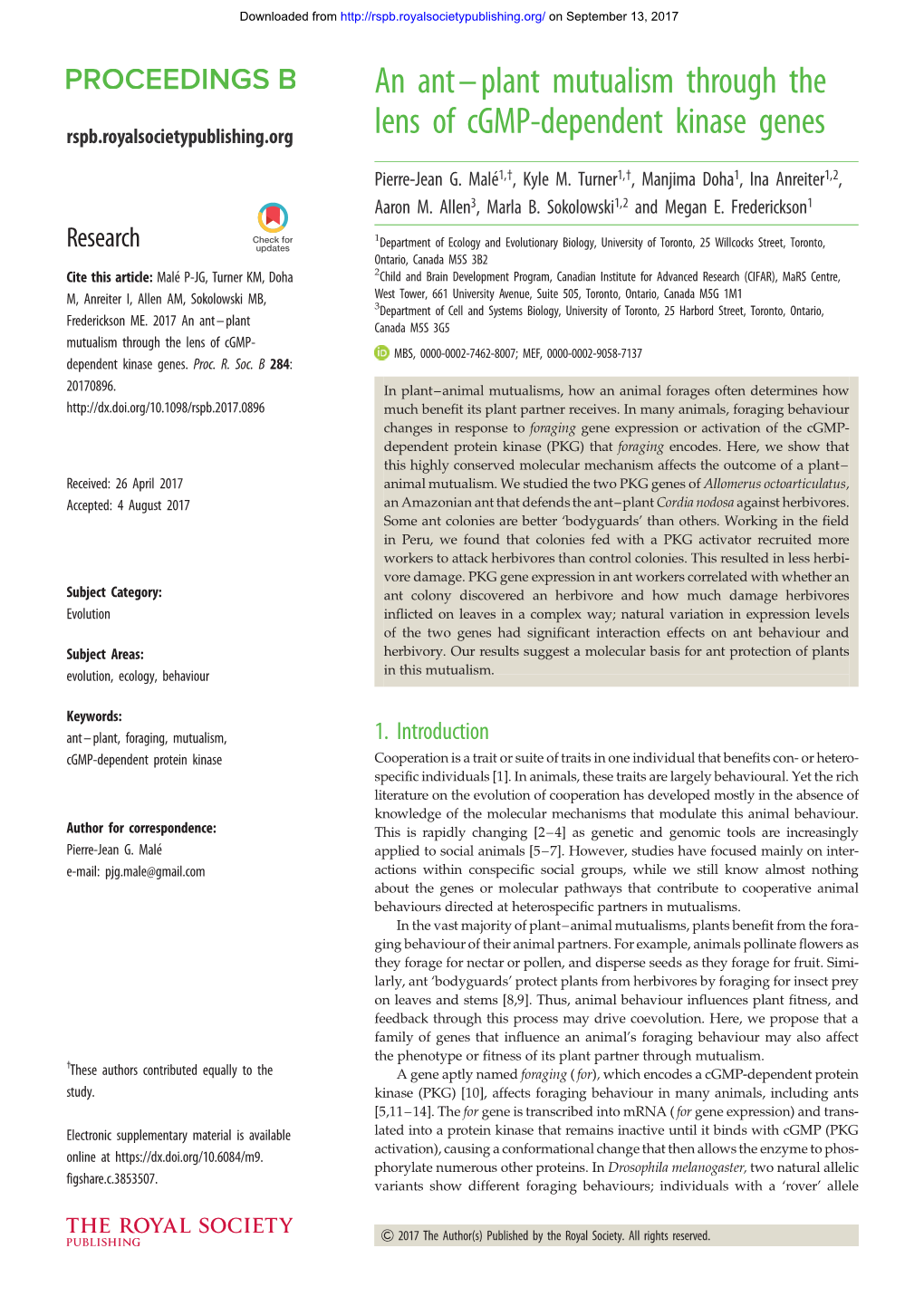 An Ant–Plant Mutualism Through the Lens of Cgmp-Dependent Kinase