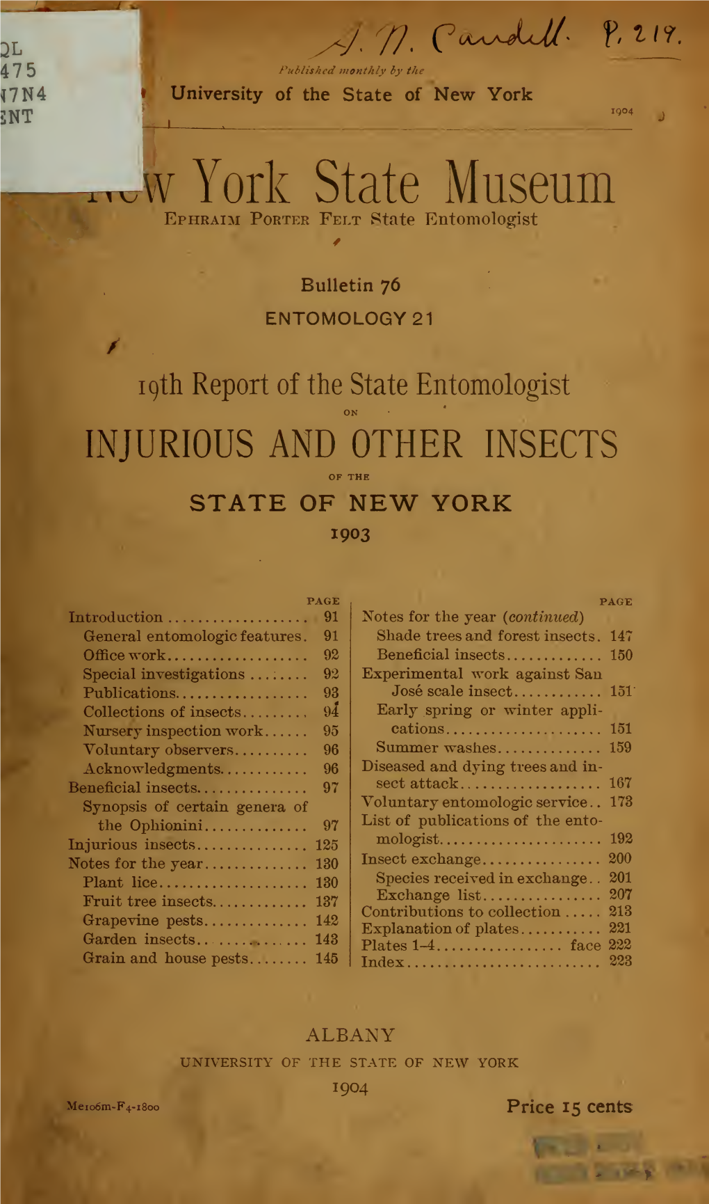 Report of the State Entomologist on Injurious and Other Insects of The