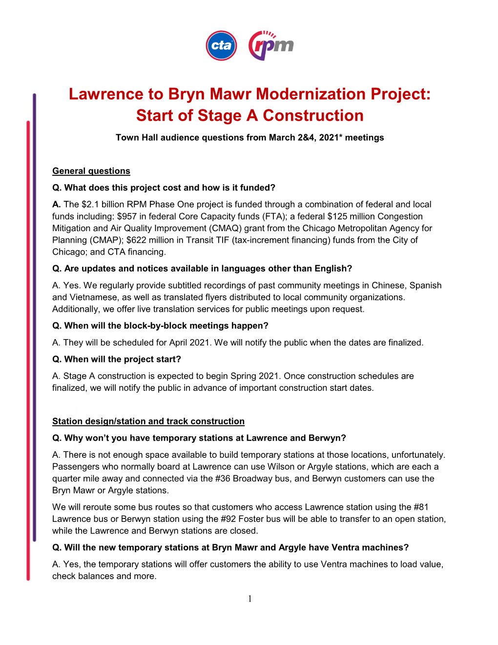 Lawrence to Bryn Mawr Modernization Project: Start of Stage a Construction