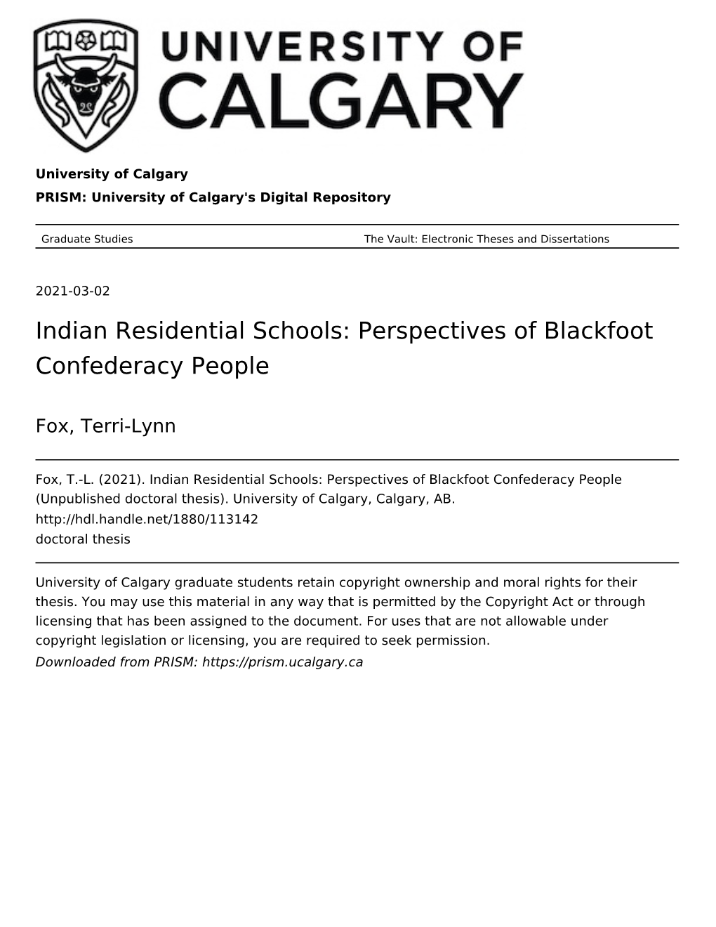 Perspectives of Blackfoot Confederacy People