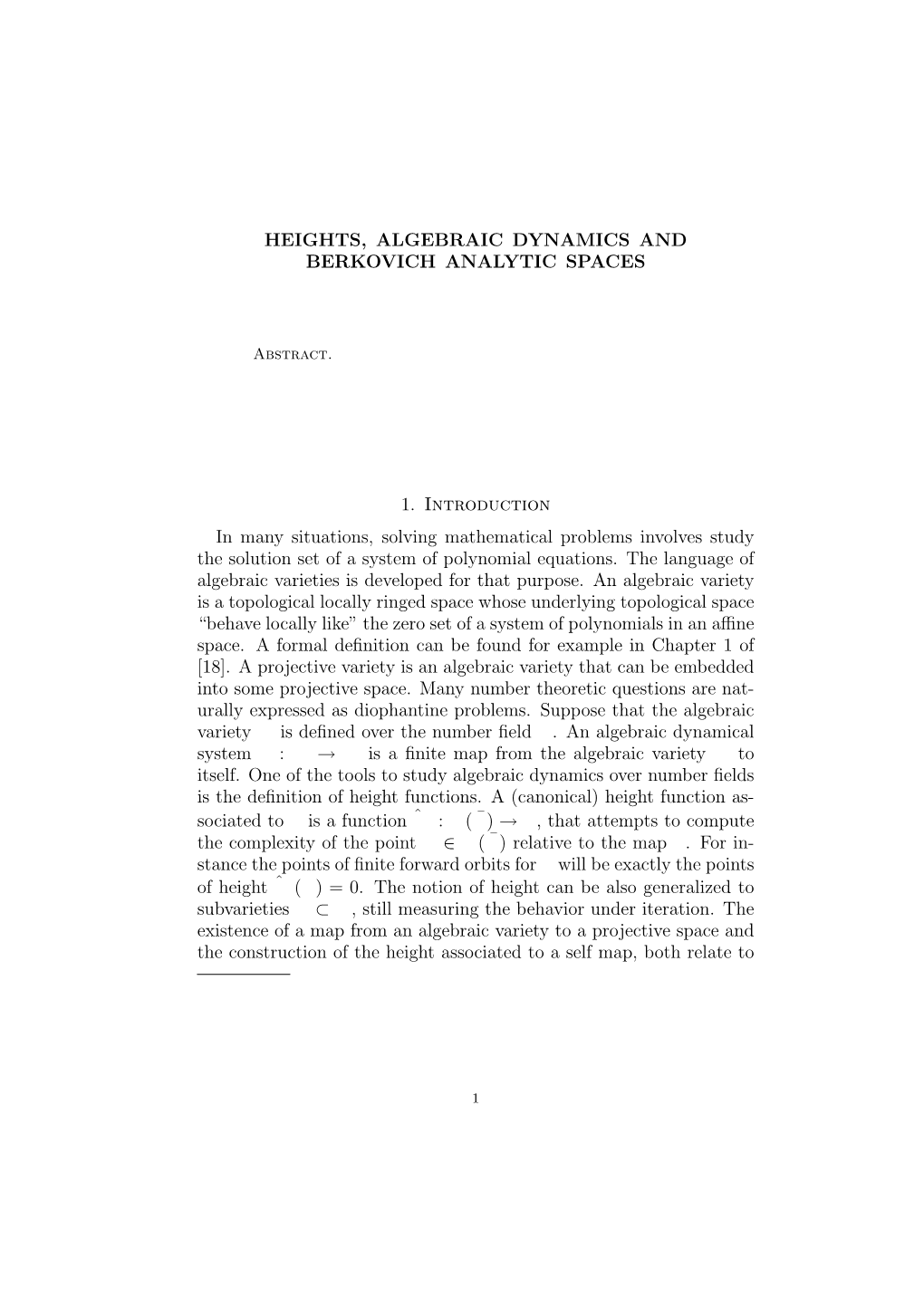 Heights, Algebraic Dynamics and Berkovich Analytic Spaces