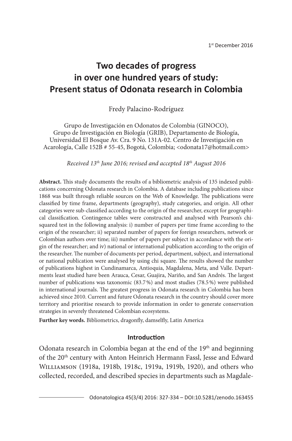 Present Status of Odonata Research in Colombia 1St December 2016327