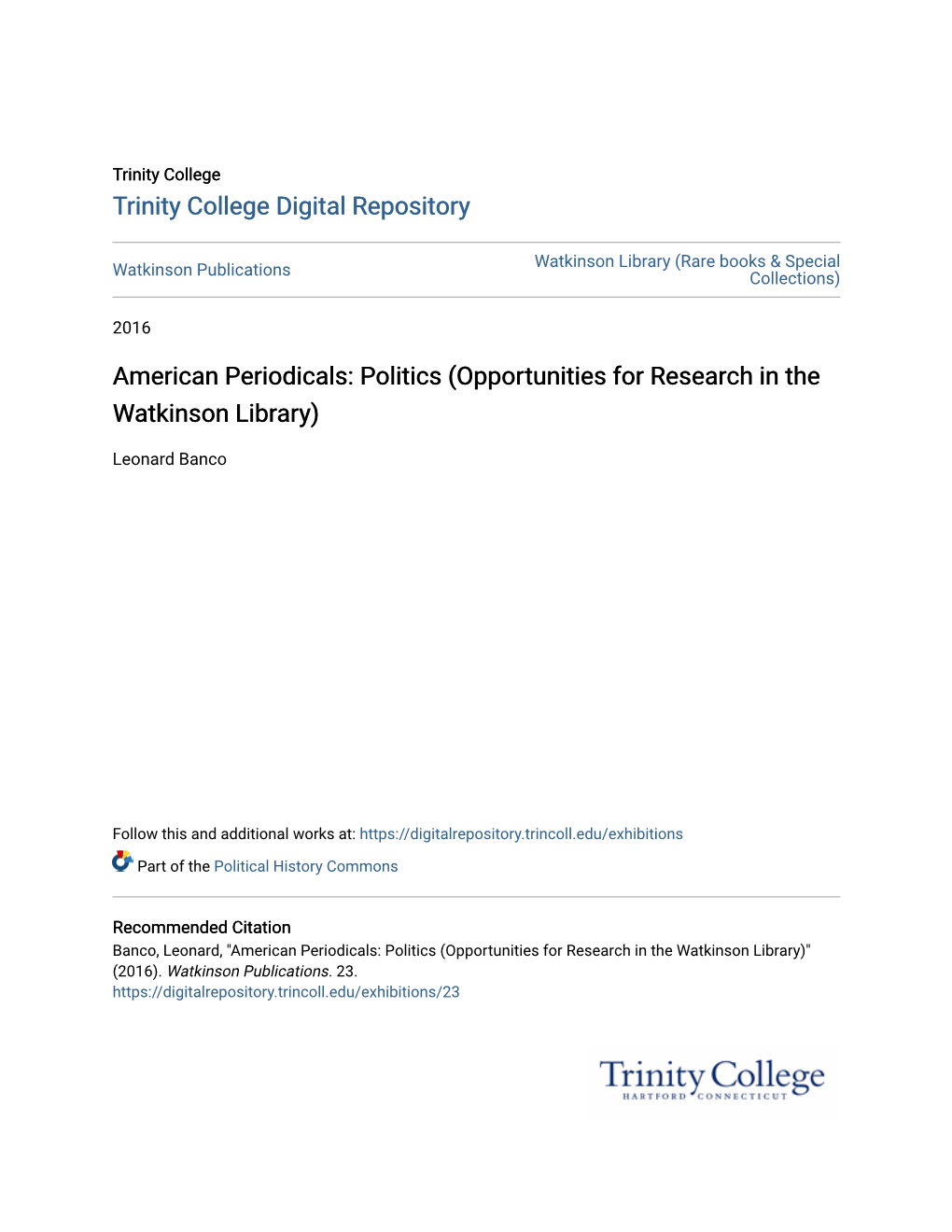 American Periodicals: Politics (Opportunities for Research in the Watkinson Library)