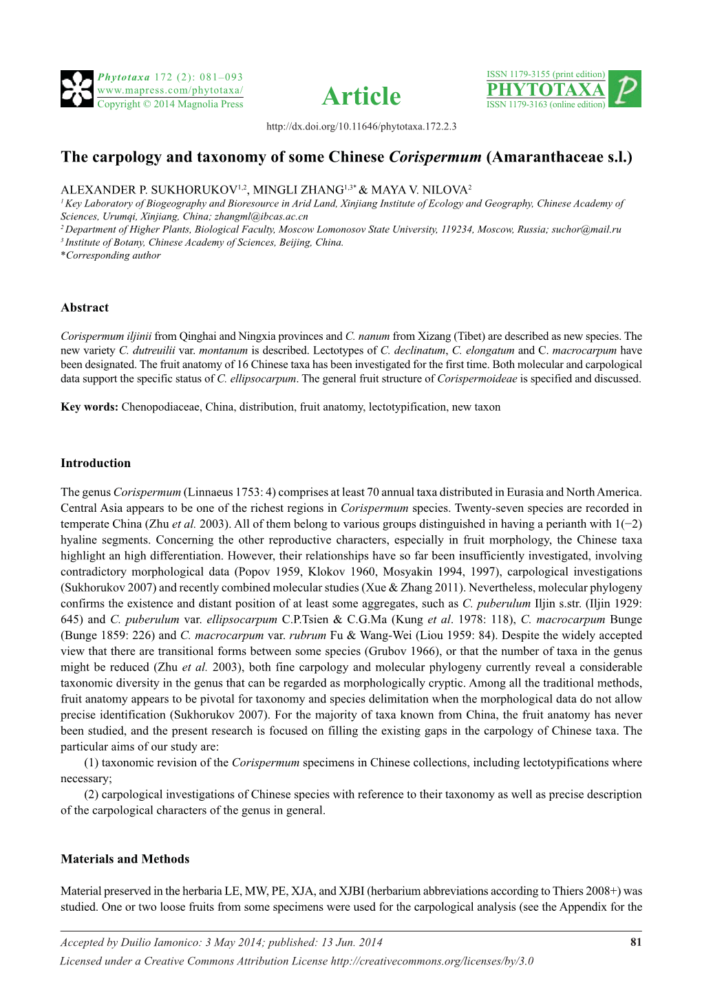 The Carpology and Taxonomy of Some Chinese Corispermum (Amaranthaceae S.L.)