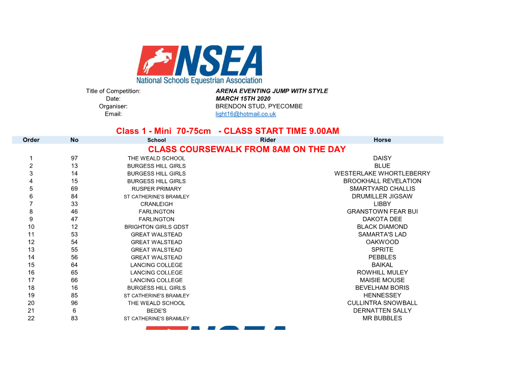 15Th March Arena Eventing Entries