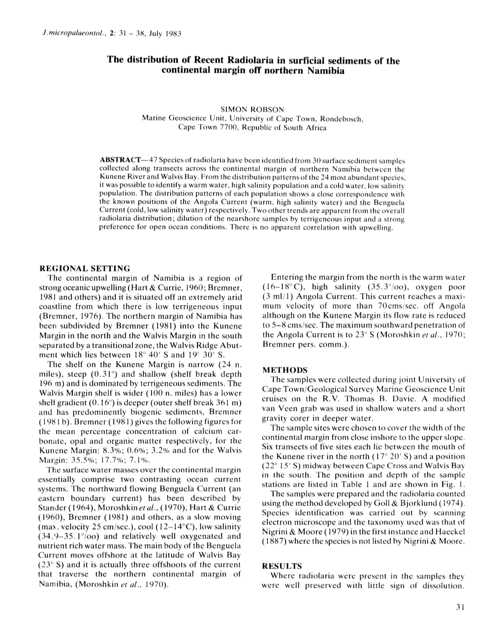 The Distribution of Recent Radiolaria in Surficial Sediments of the Continental Margin Off Northern Namibia