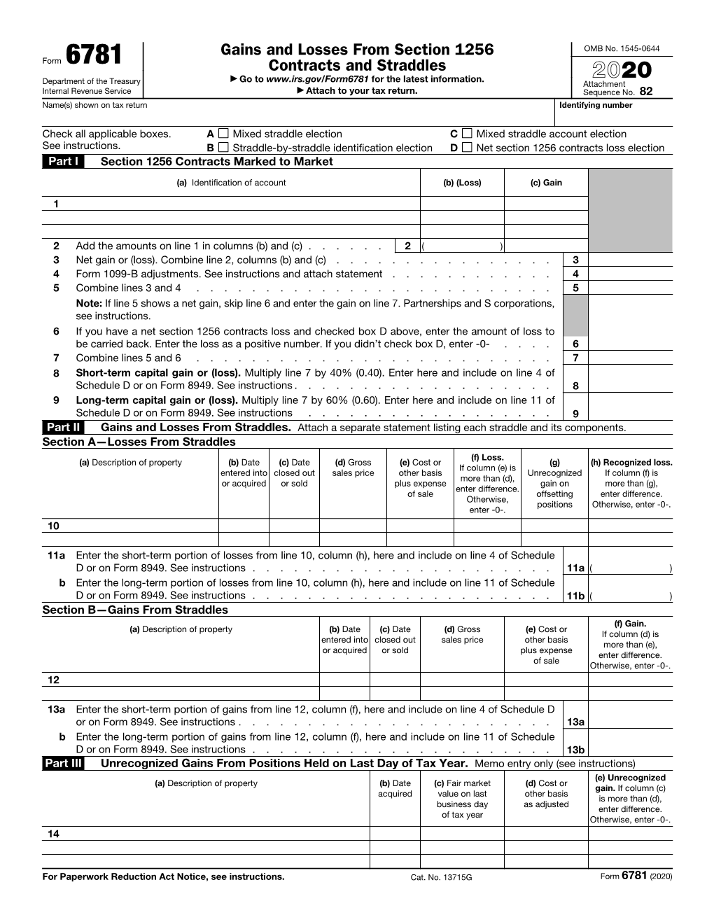 Form 6781 Contracts and Straddles ▶ Go to for the Latest Information