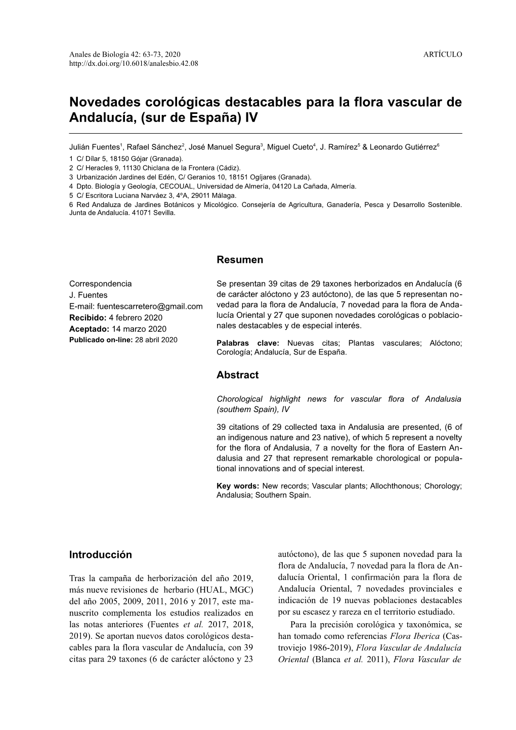 Novedades Corológicas Destacables Para La Flora Vascular De Andalucía, (Sur De España) IV