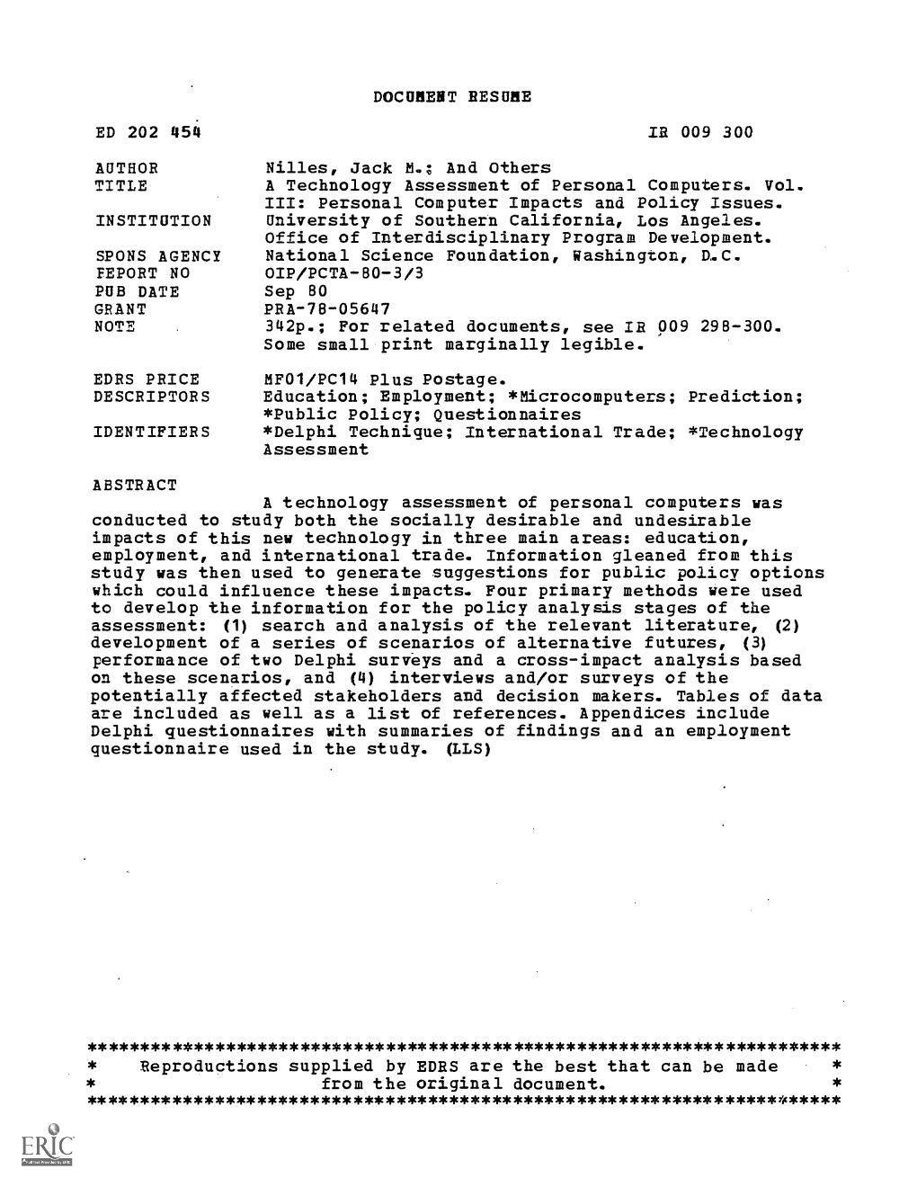 A Technology Assessment of Personal Computers. Vol. III: Personal Computer Impacts and Policy Issues