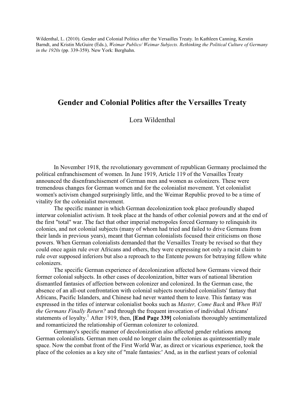 Gender and Colonial Politics After the Versailles Treaty