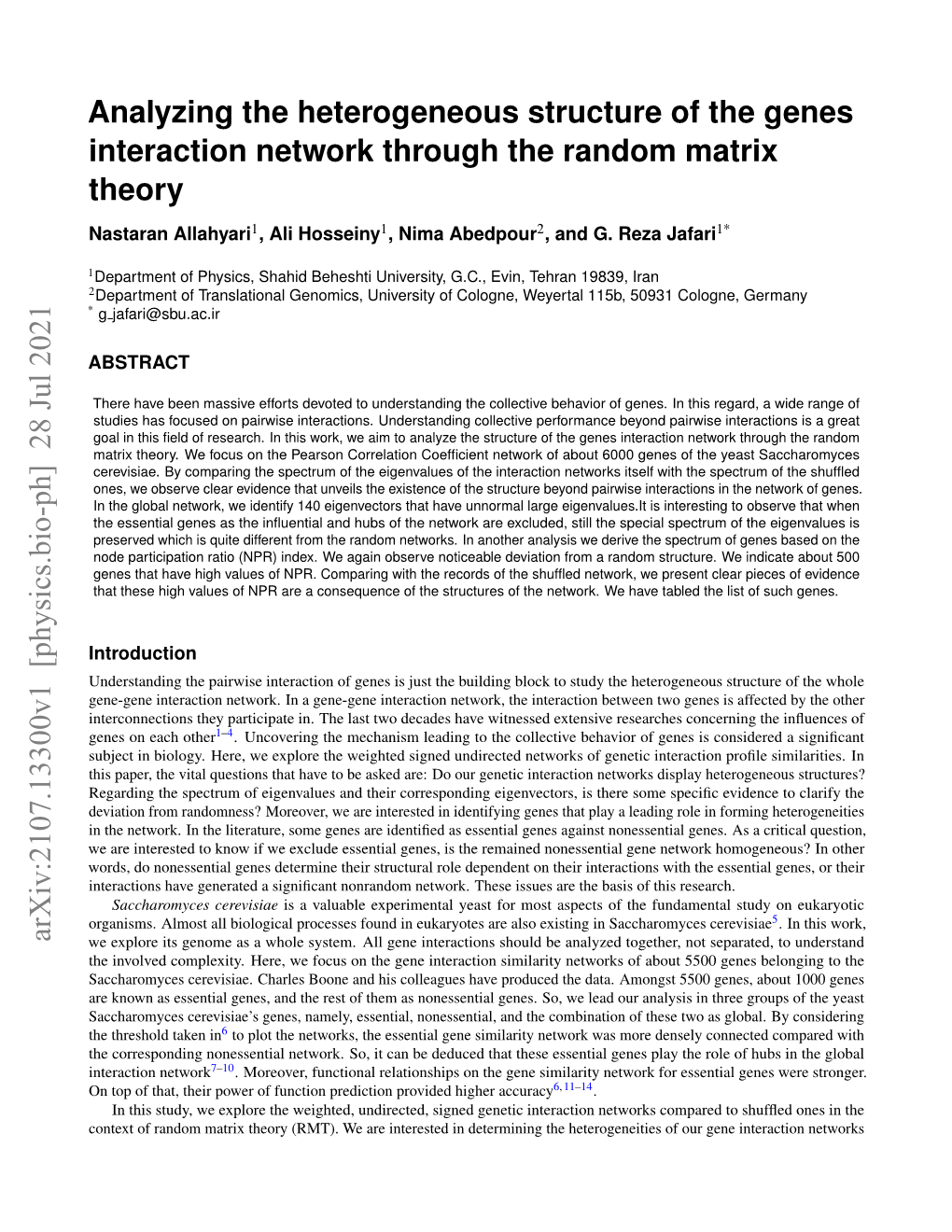 Analyzing the Heterogeneous Structure of the Genes Interaction Network Through the Random Matrix Theory