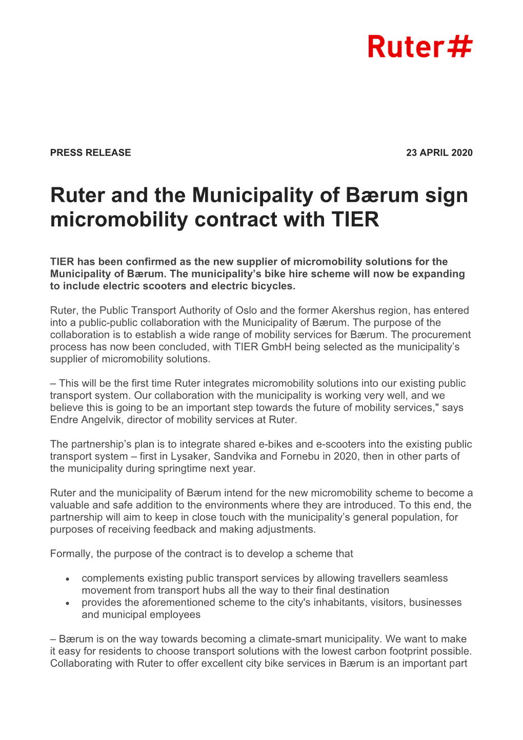 Ruter and the Municipality of Bærum Sign Micromobility Contract with TIER