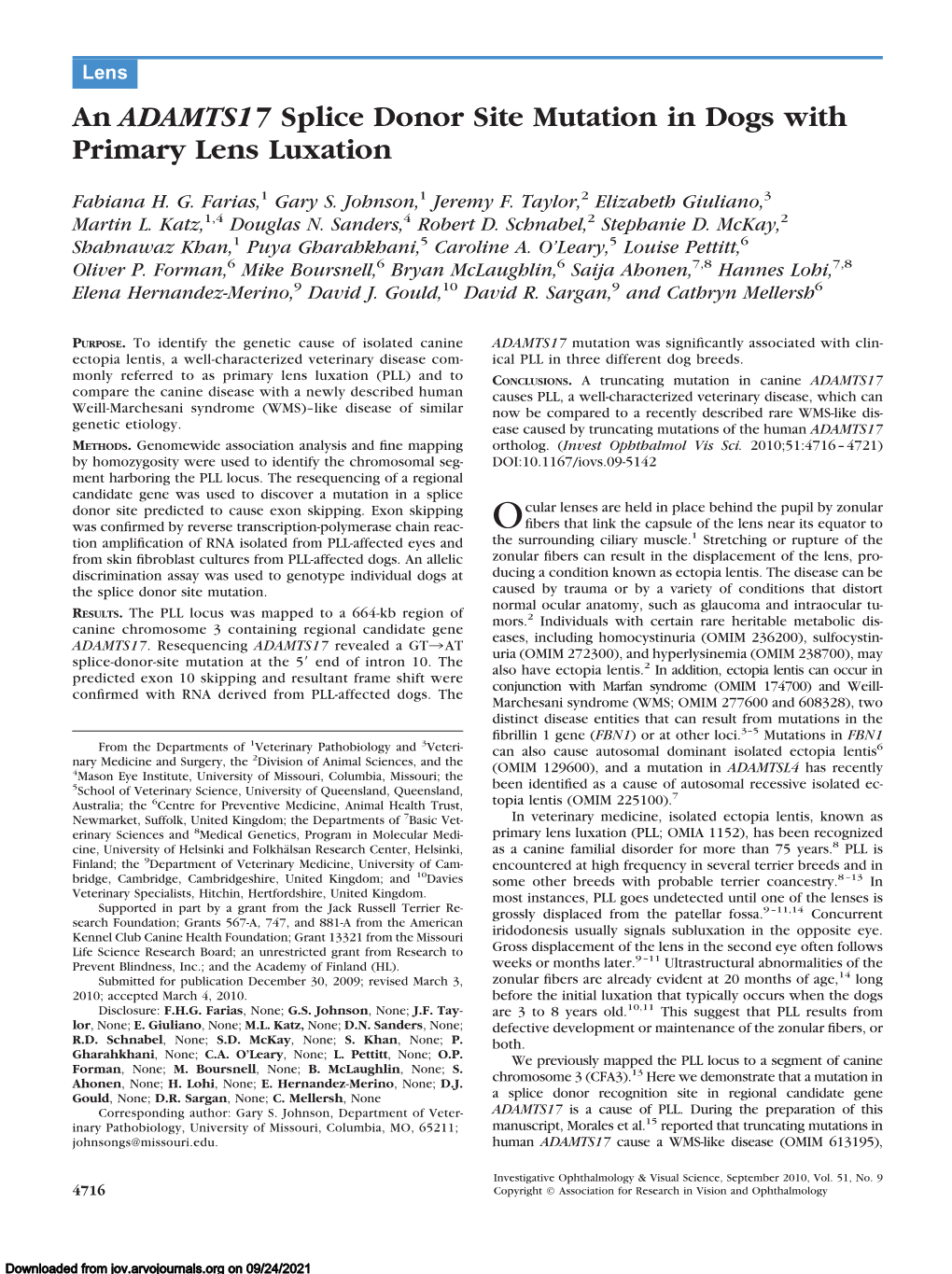 An ADAMTS17 Splice Donor Site Mutation in Dogs with Primary Lens Luxation