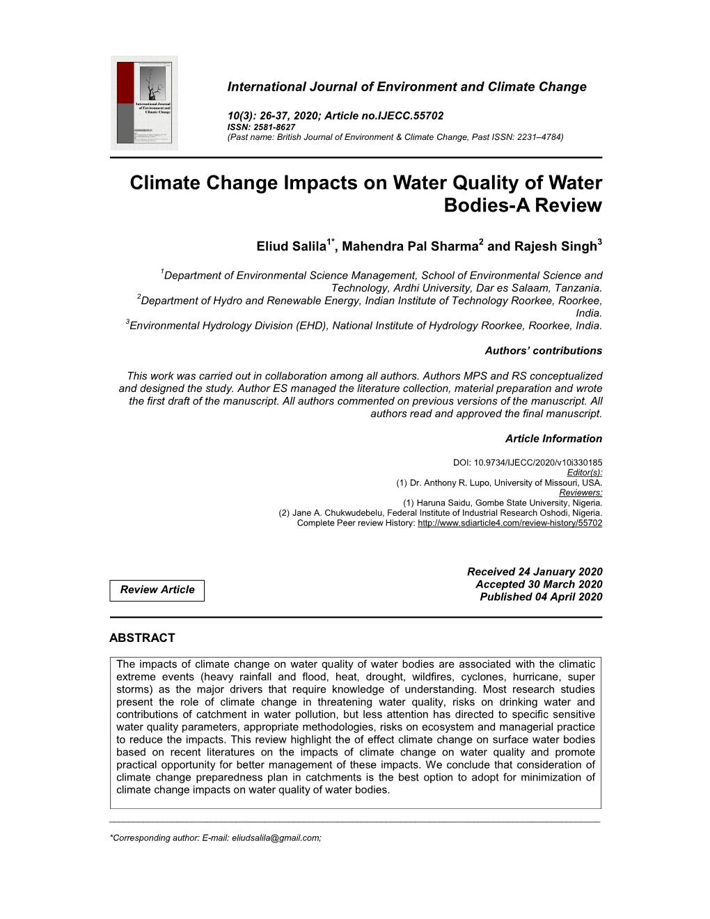 Climate Change Impacts on Water Quality of Water Bodies-A Review