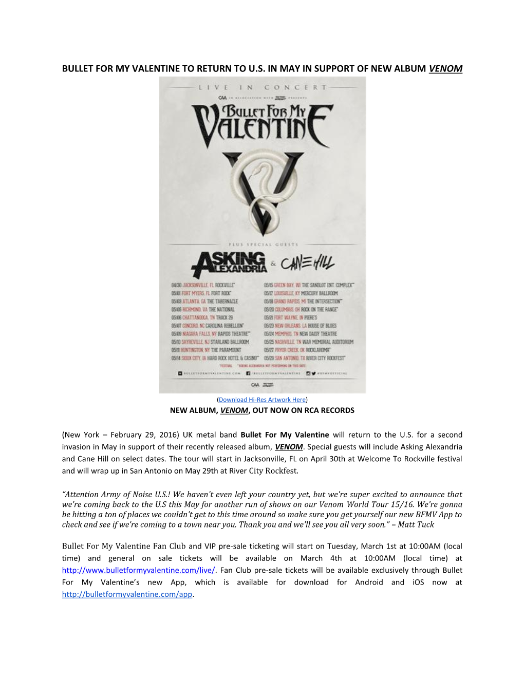 Bullet for My Valentine to Return to U.S. in May in Support of New Album Venom