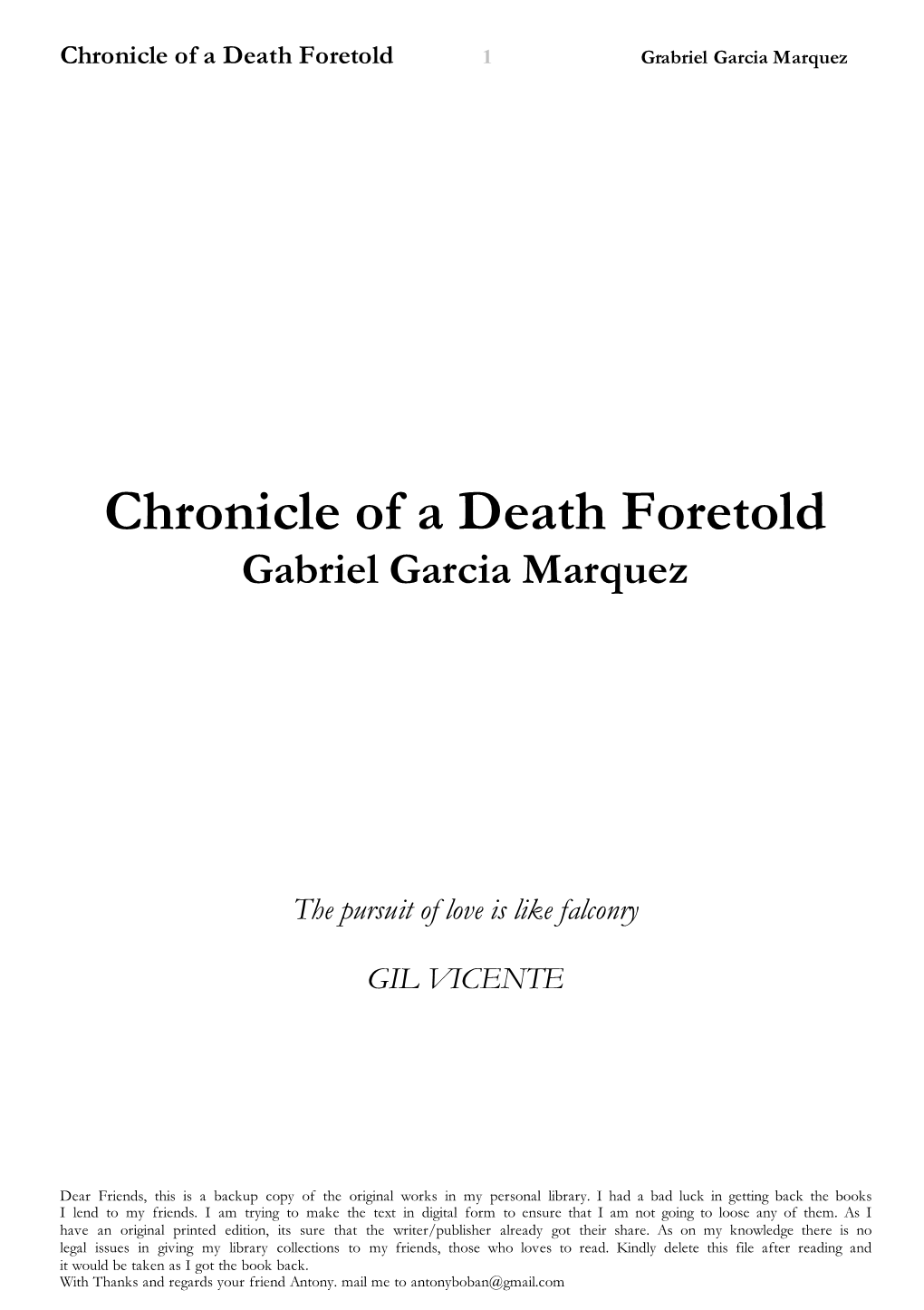 Chronicle of a Death Foretold Gabriel Garcia Marquez