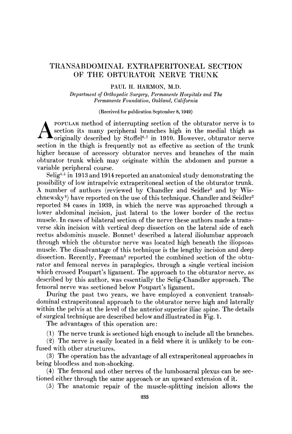 Transabdominal Extraperitoneal Section of the Obturator Nerve Trunk Paul H