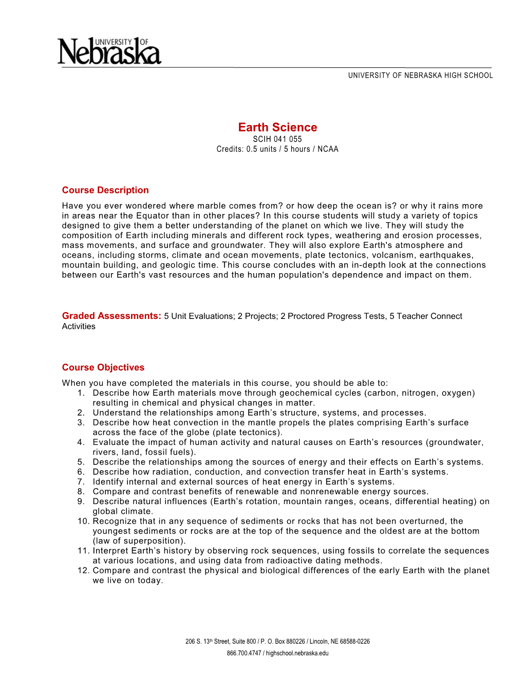 Earth Science SCIH 041 055 Credits: 0.5 Units / 5 Hours / NCAA