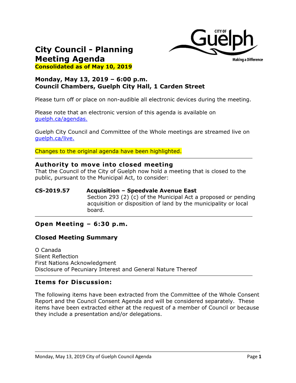 City Council - Planning Meeting Agenda Consolidated As of May 10, 2019