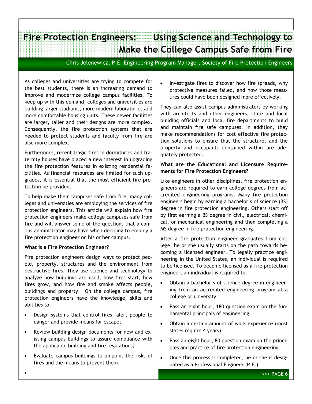 Fire Protection Engineers: Using Science and Technology to Make the College Campus Safe from Fire