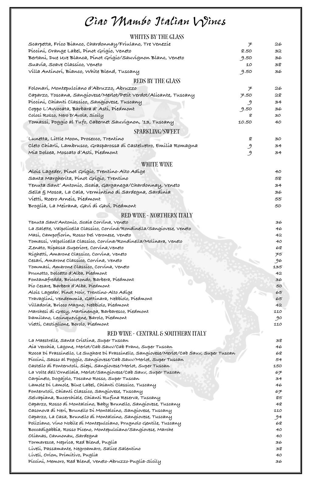 2018 Mambo Wine Menu Italian Whitefish