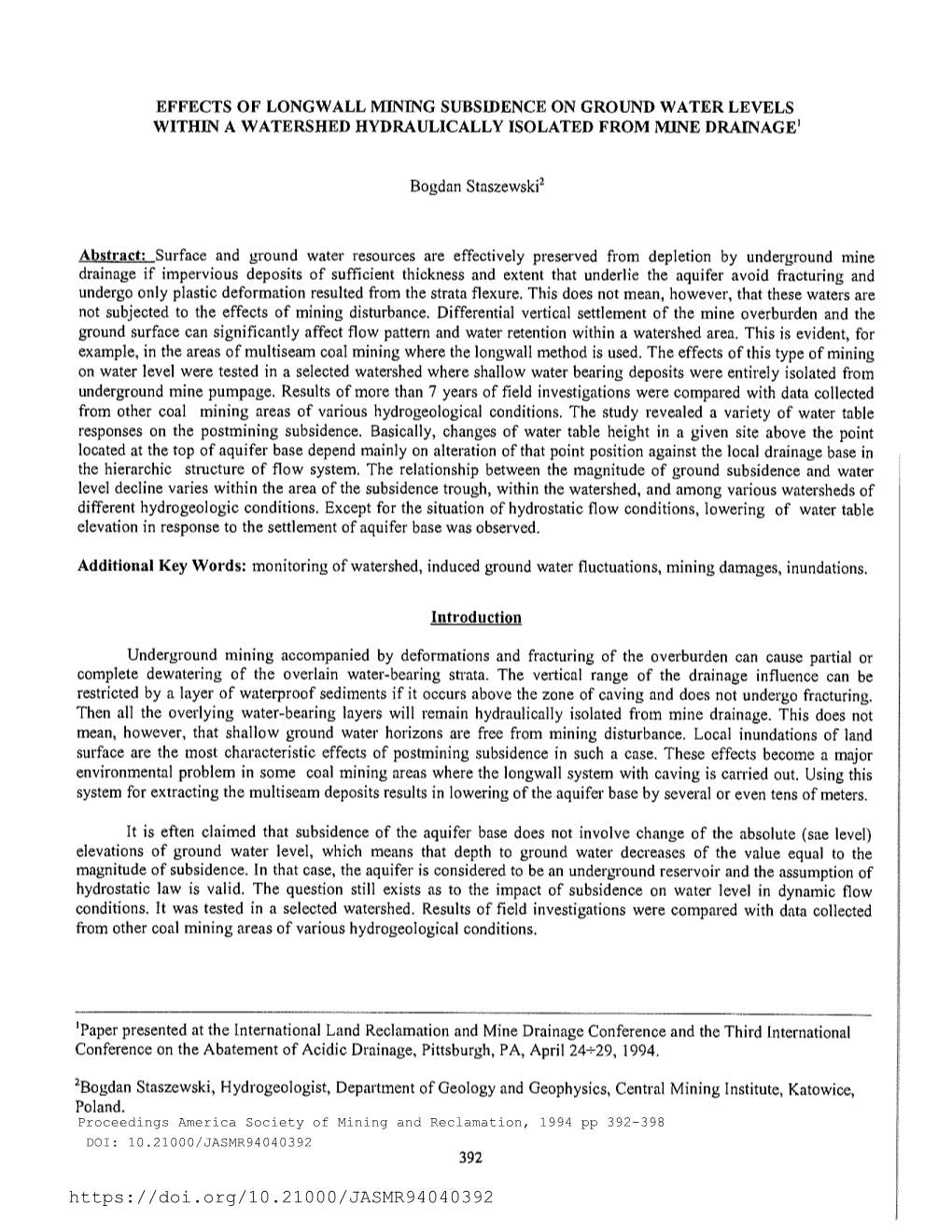 Effects of Longwall Mining Subsidence on Ground Water