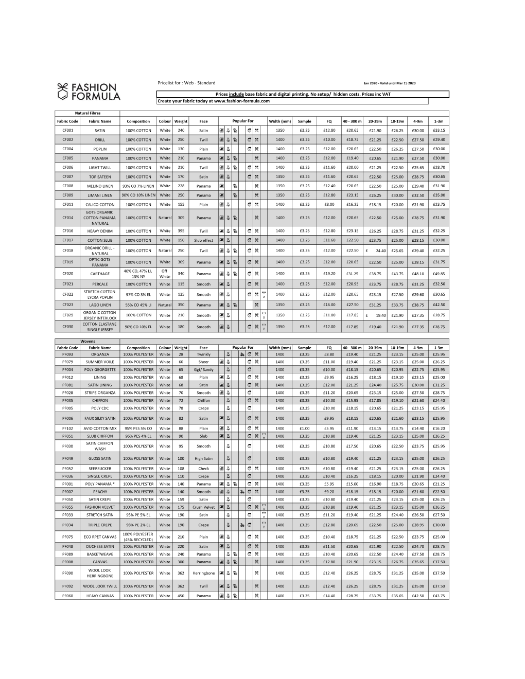 Pricelist for : Web - Standard Jan 2020 - Valid Until Mar 15 2020