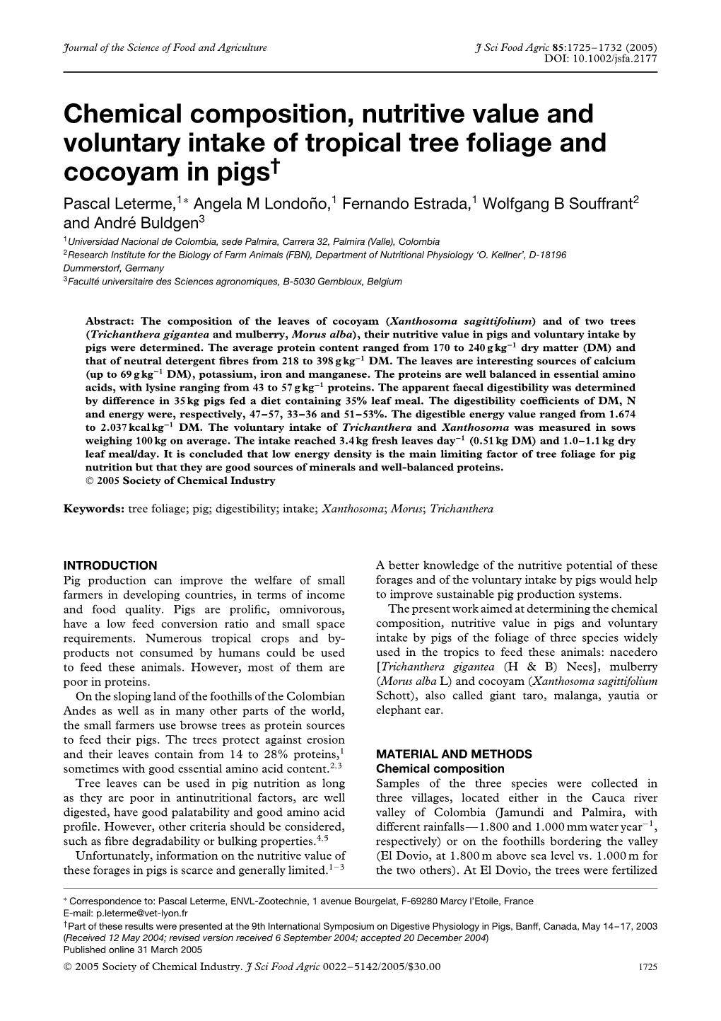 Chemical Composition, Nutritive Value and Voluntary Intake of Tropical Tree Foliage and Cocoyam in Pigs