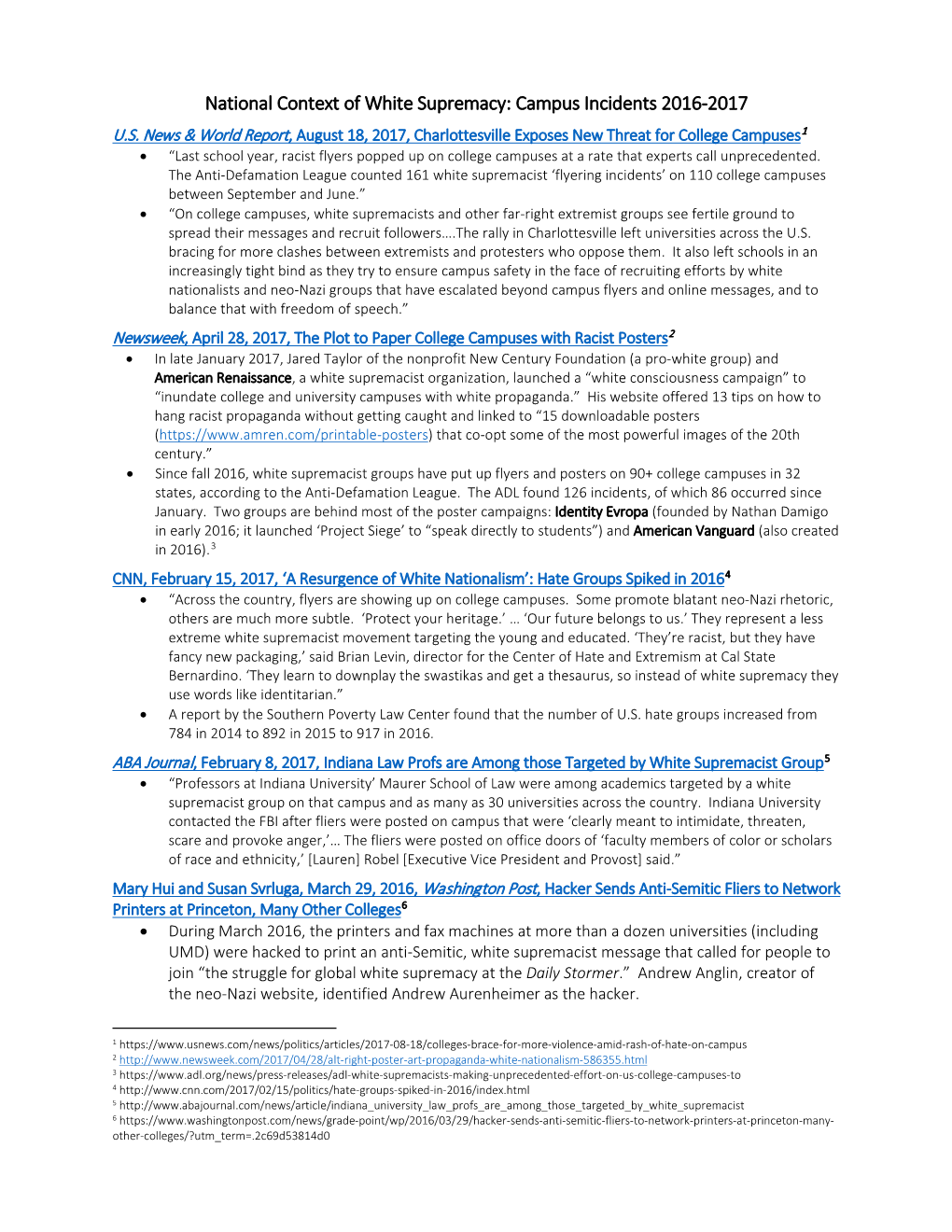 National Context of White Supremacy: Campus Incidents 2016-2017 U.S