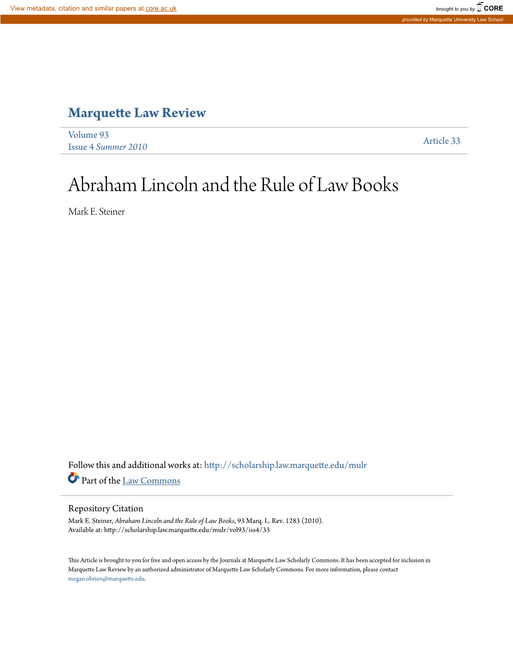 Abraham Lincoln and the Rule of Law Books Mark E