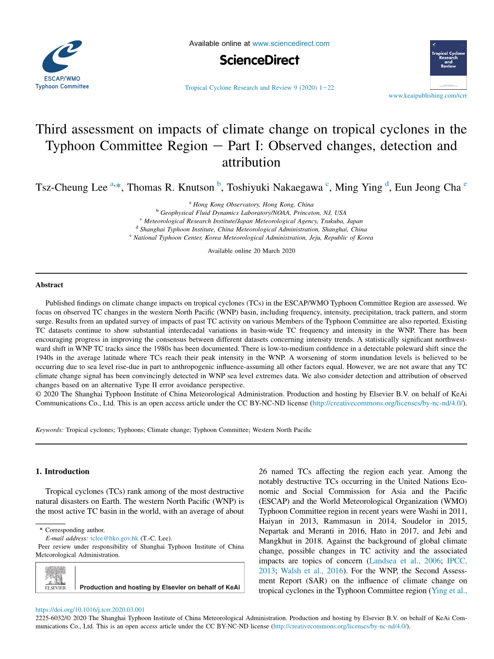 Third Assessment on Impacts of Climate Change on Tropical Cyclones in the Typhoon Committee Region E Part I: Observed Changes, Detection and Attribution