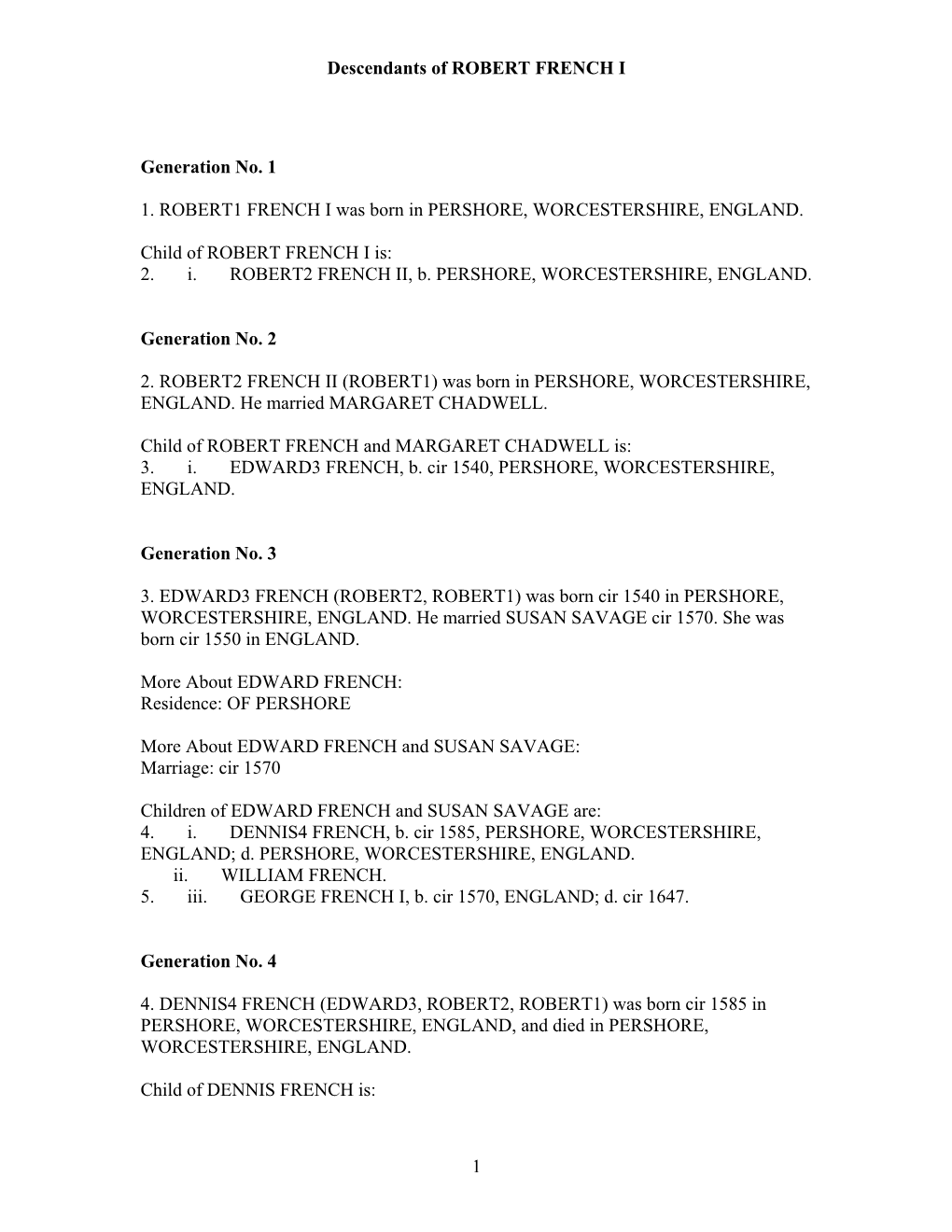 Descendants of ROBERT FRENCH I 1 Generation No. 1 1. ROBERT1