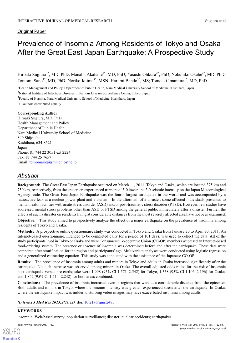 Prevalence of Insomnia Among Residents of Tokyo and Osaka After the Great East Japan Earthquake: a Prospective Study
