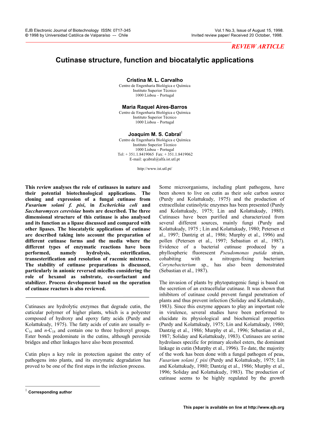 Cutinase Structure, Function and Biocatalytic Applications