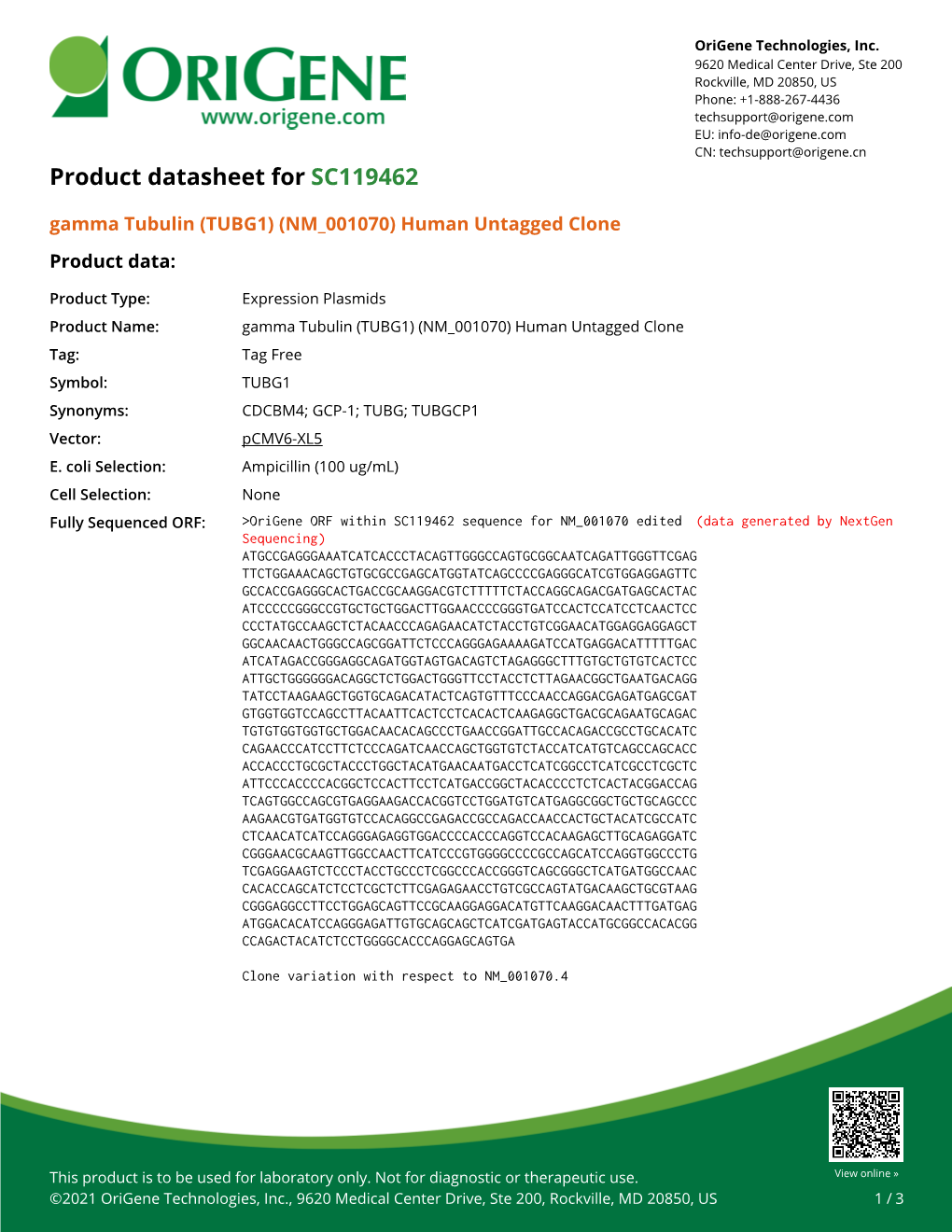 Gamma Tubulin (TUBG1) (NM 001070) Human Untagged Clone Product Data