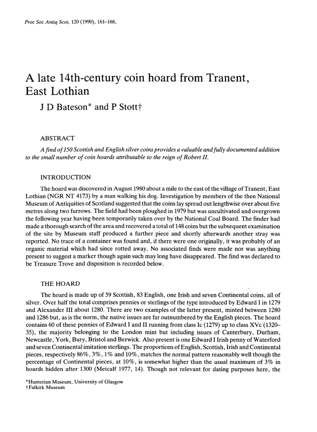 A Late 14Th-Century Coin Hoard from Tranent, East Lothian Batesond J Stottp D *An T