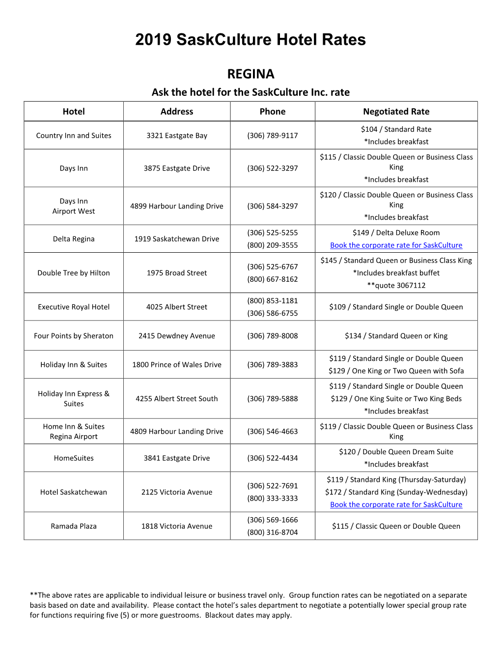 2019 Saskculture Hotel Rates