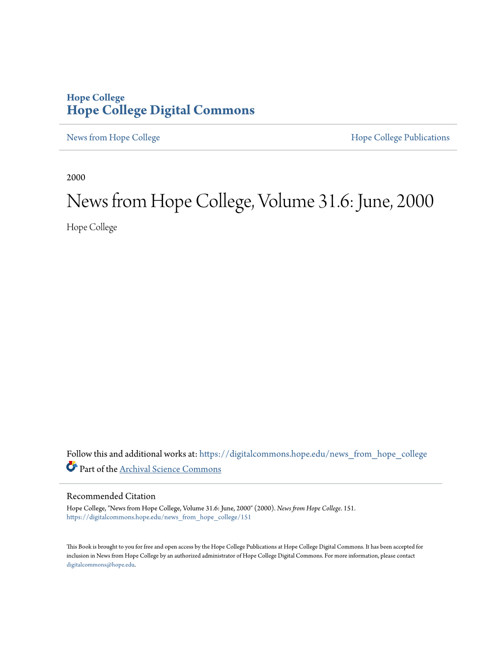 News from Hope College, Volume 31.6: June, 2000 Hope College