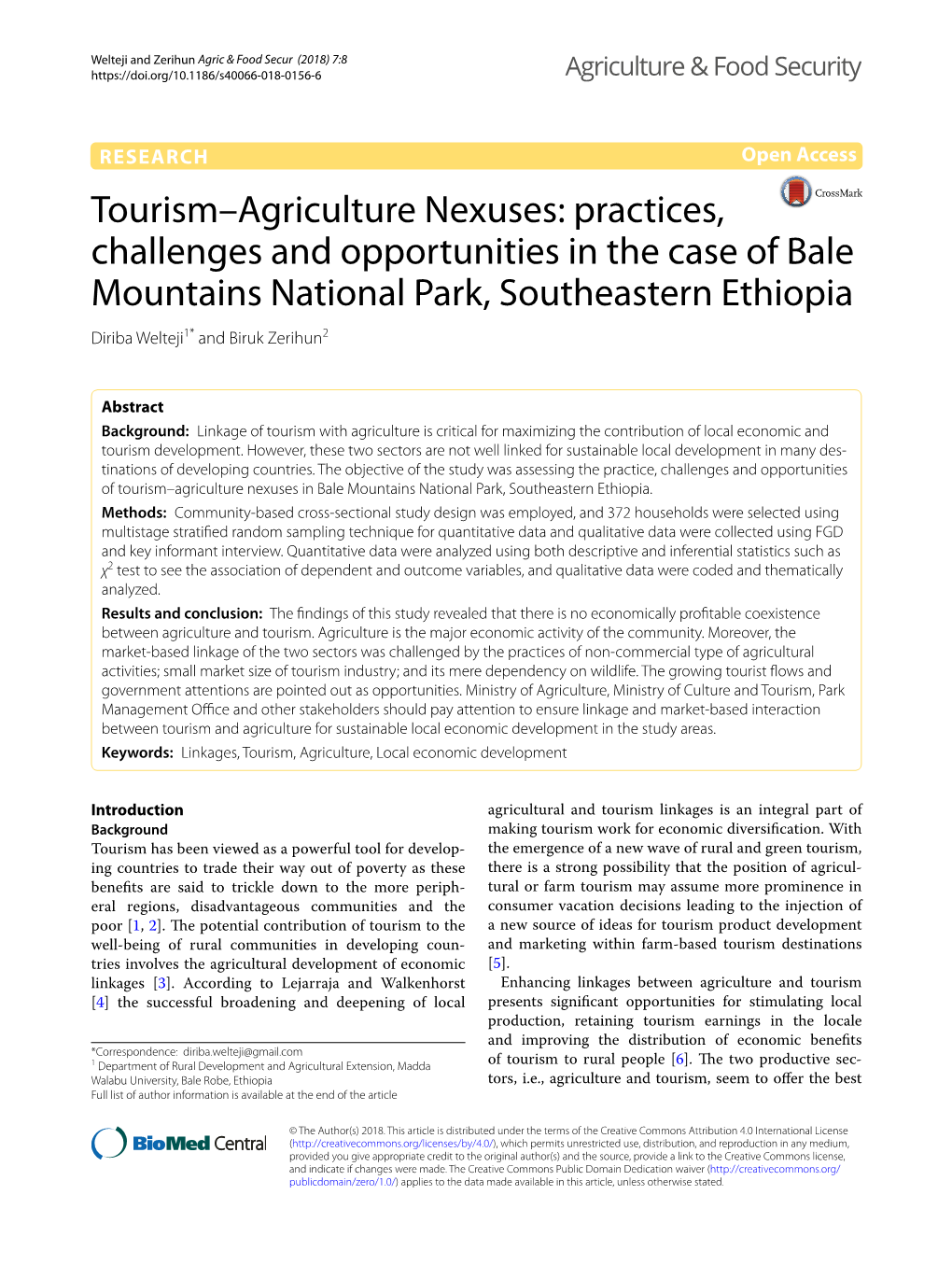 Tourism–Agriculture Nexuses: Practices, Challenges and Opportunities in the Case of Bale Mountains National Park, Southeastern