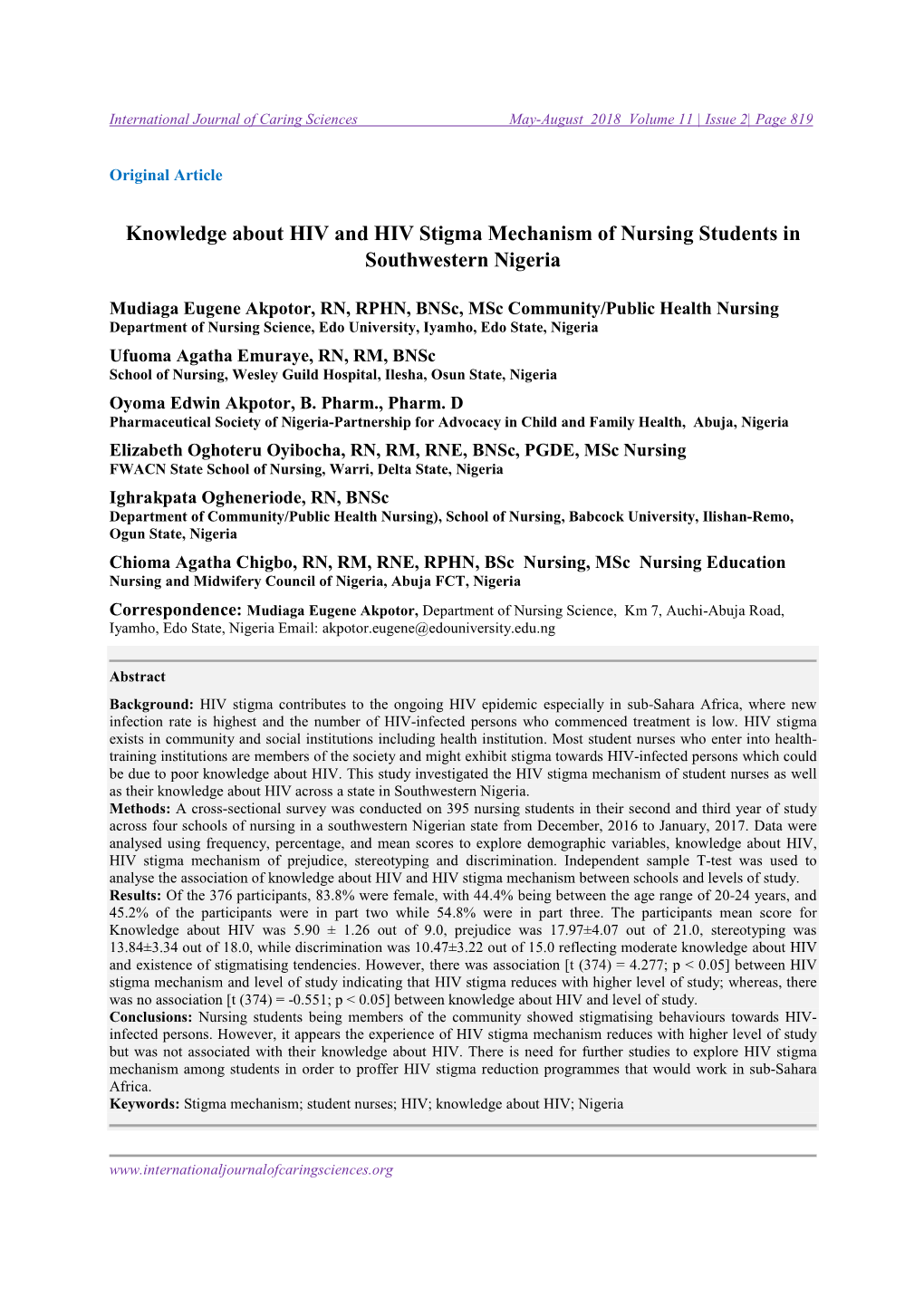 Knowledge About HIV and HIV Stigma Mechanism of Nursing Students in Southwestern Nigeria