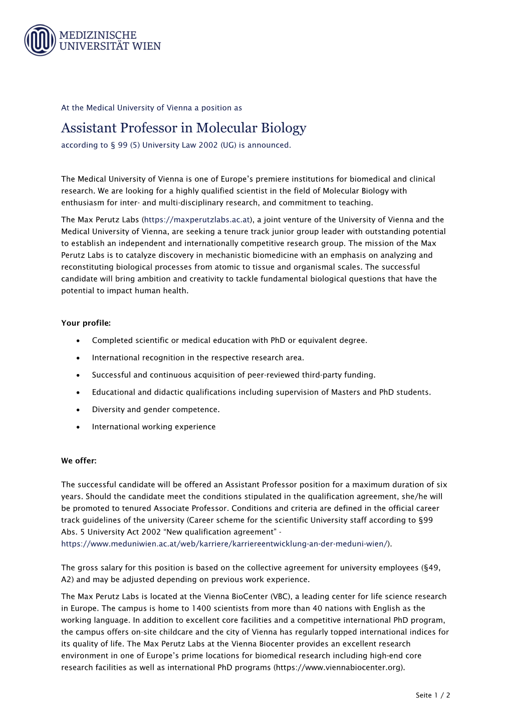 Assistant Professor in Molecular Biology According to § 99 (5) University Law 2002 (UG) Is Announced