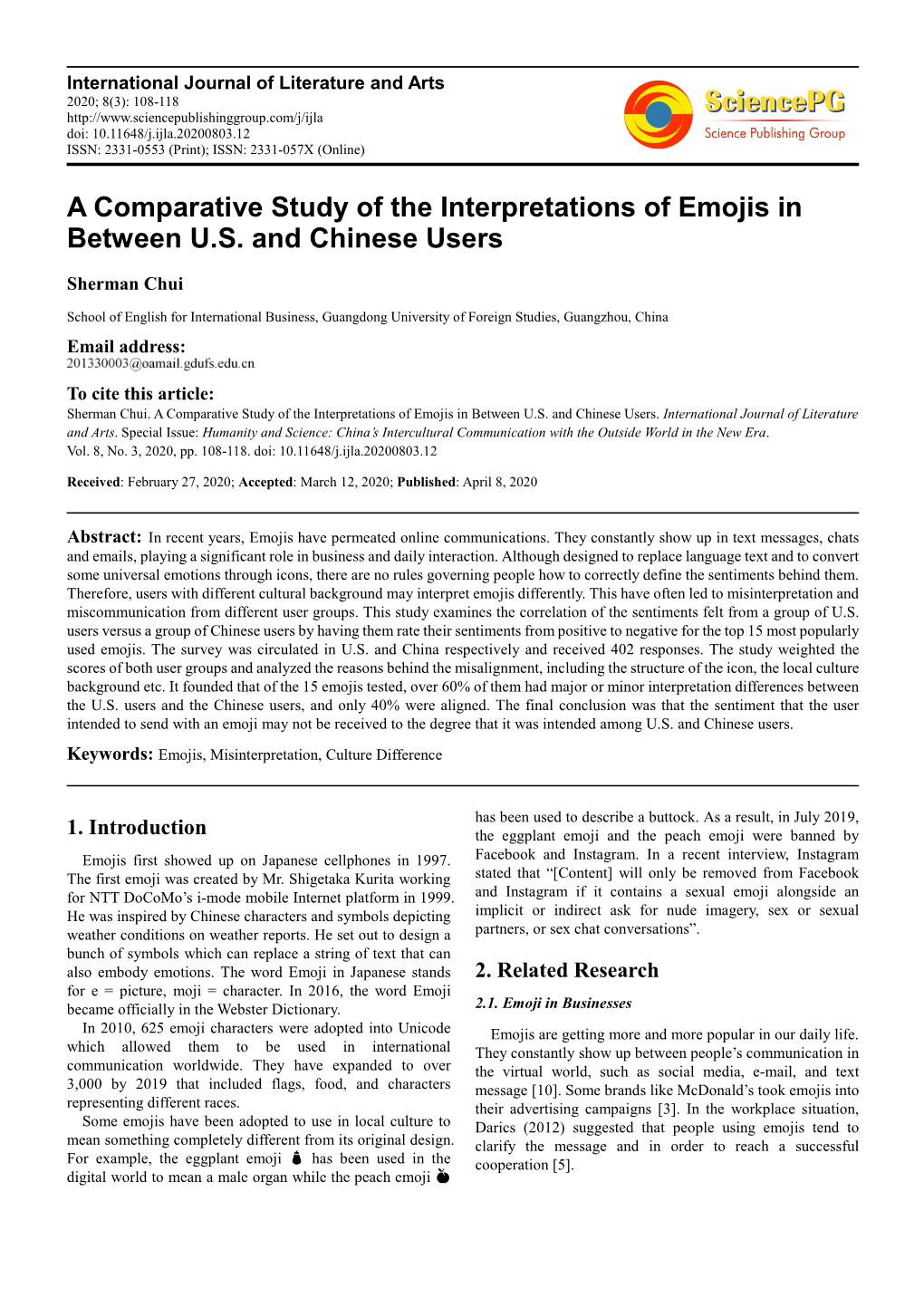 A Comparative Study of the Interpretations of Emojis in Between U.S