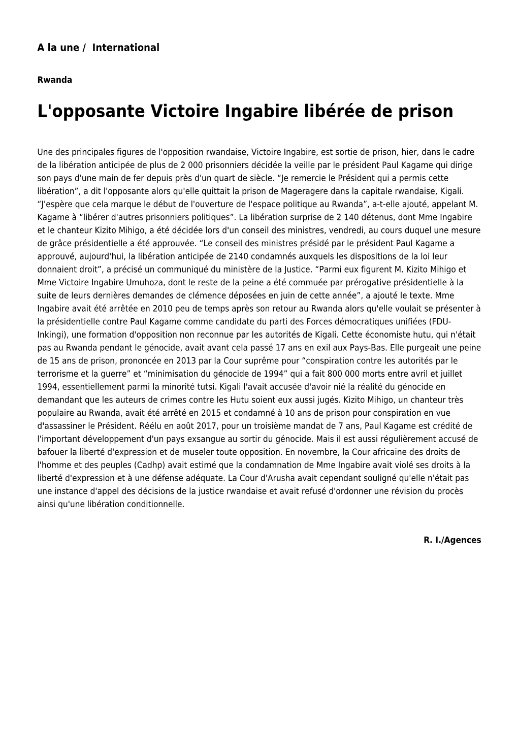 L'opposante Victoire Ingabire Libérée De Prison