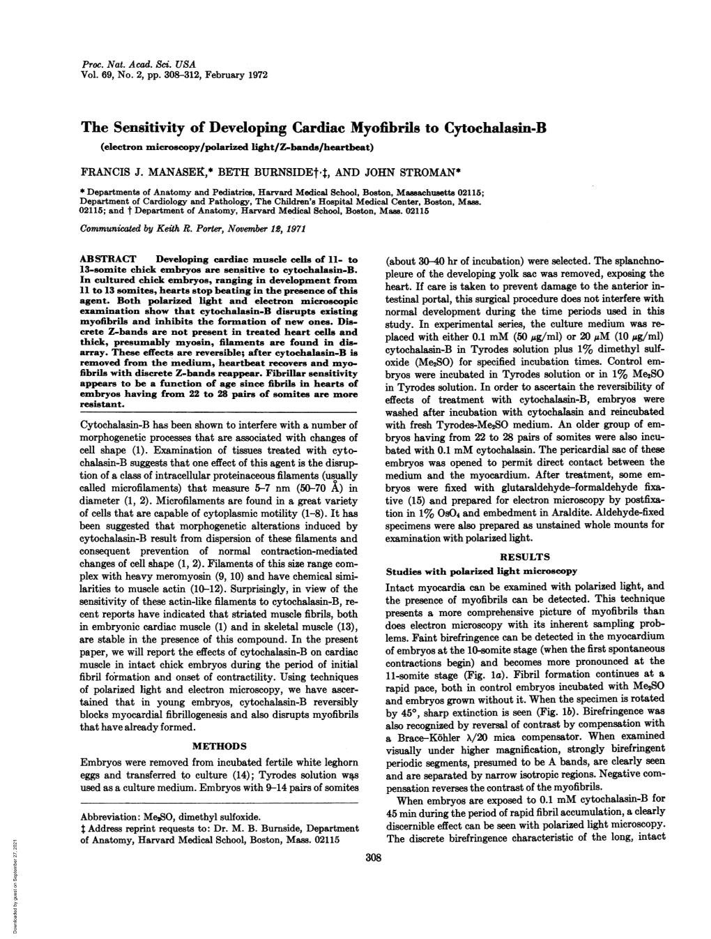 The Sensitivity of Developing Cardiac Myofibrils to Cytochalasin-B (Electron Microscopy/Polarized Llght/Z-Bands/Heartbeat) FRANCIS J