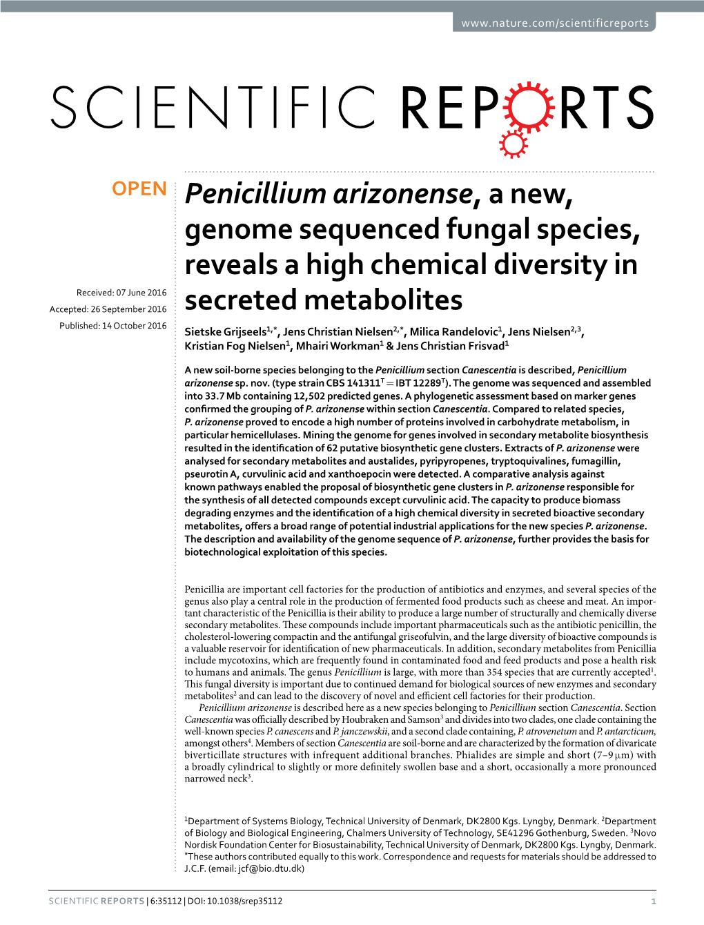 Penicillium Arizonense, a New, Genome Sequenced Fungal Species