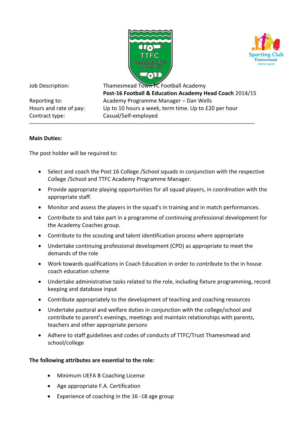 Job Description: Thamesmead Town FC Football Academy