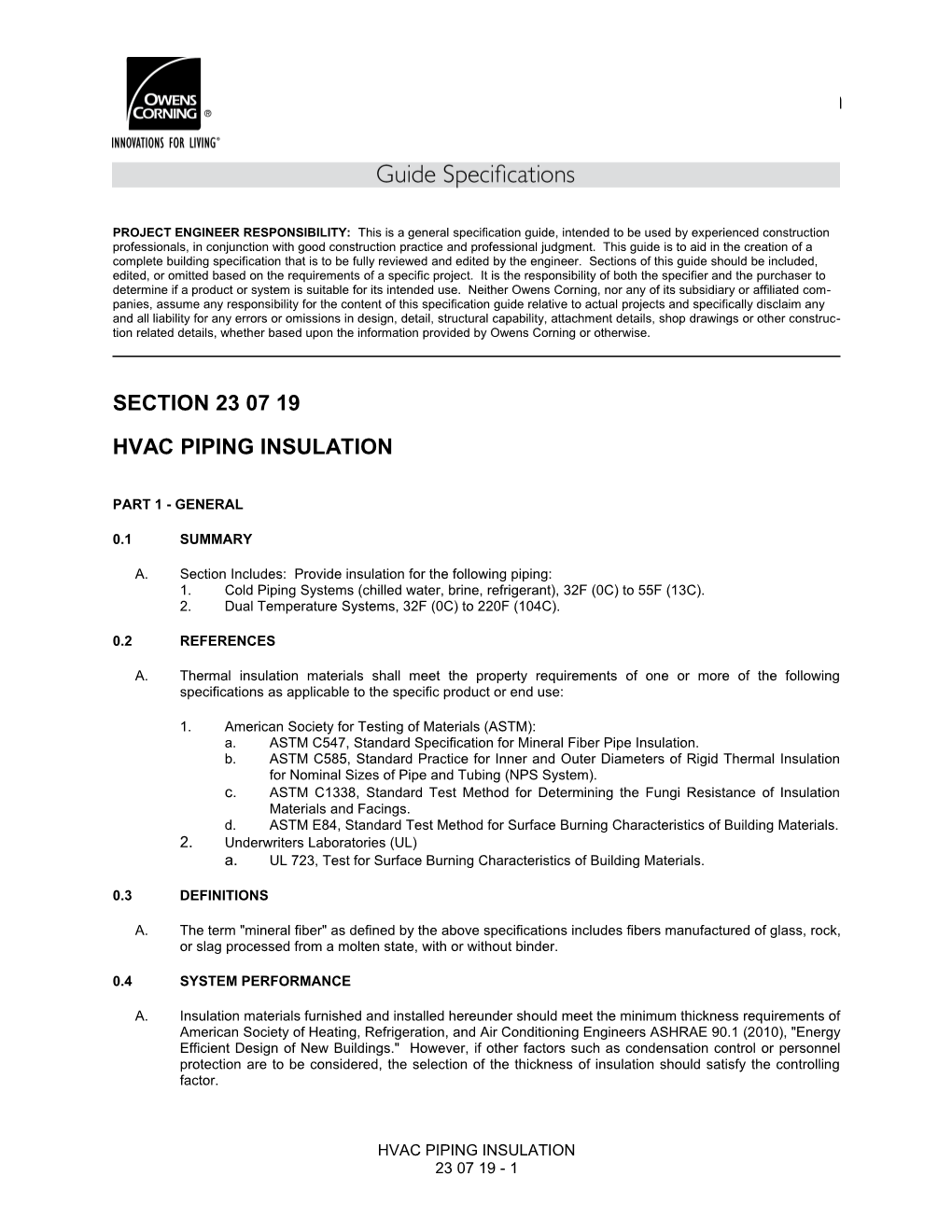 23 07 19 HVAC Piping Insulation - Vaporwick Pipe Insulation