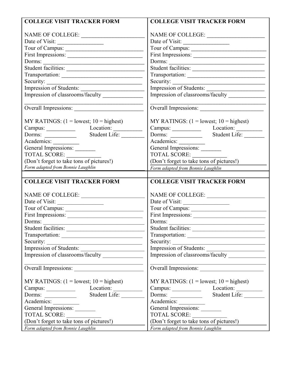 College Visit Tracker Form